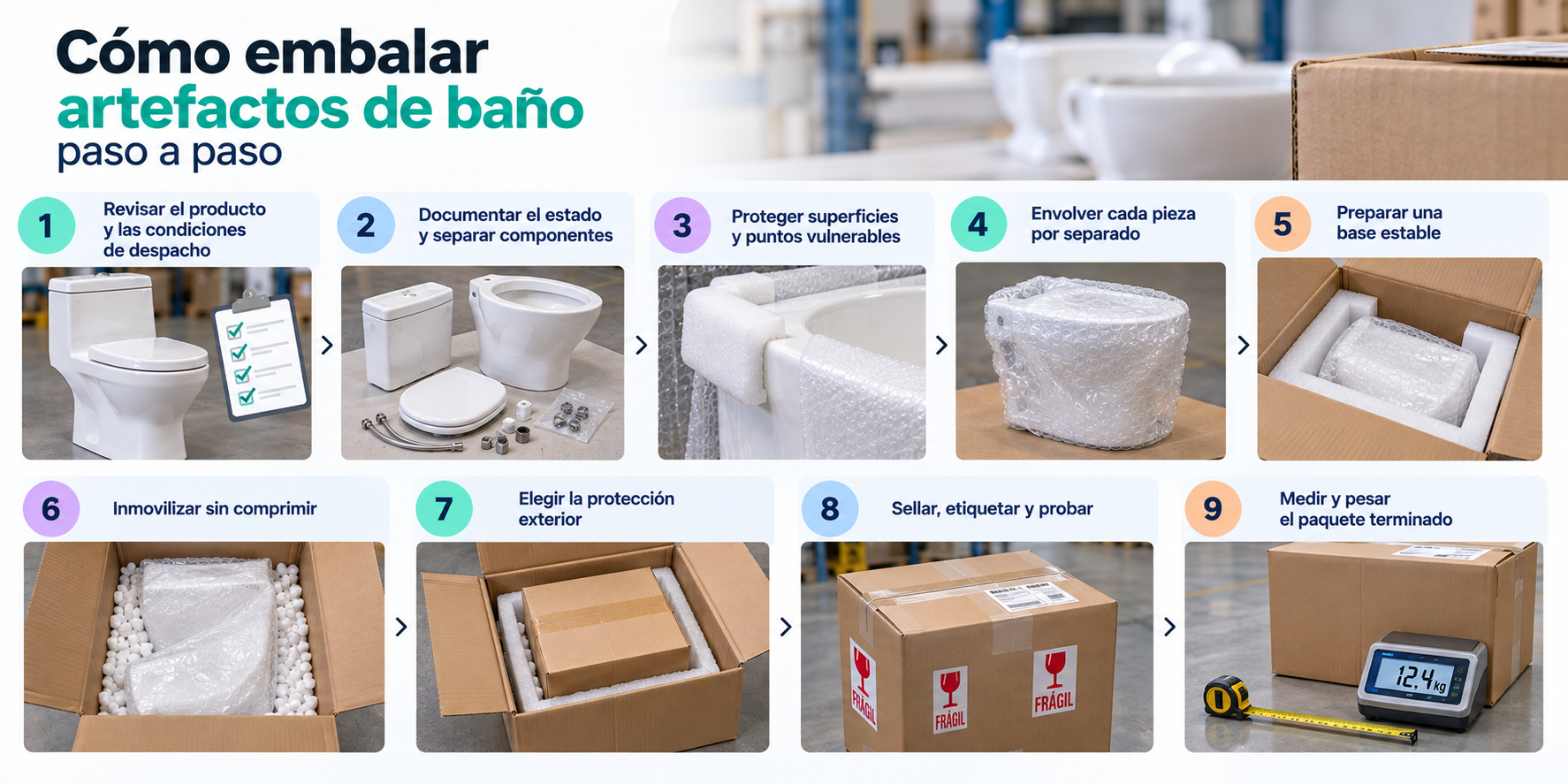cómo embalar artefactos de baño paso a paso